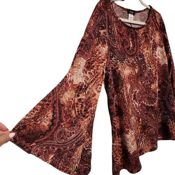 COCOMO Top Womens Plus 1X Brown Copper Paisley Bell Sleeve Celestial Fairy Boho - Picture 5 of 13